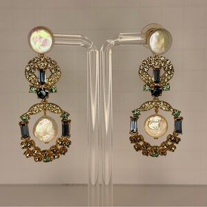 J.Crew Freshwater Pearl Sparkle Drop Statement Earrings BD992 Multi Blue Gold